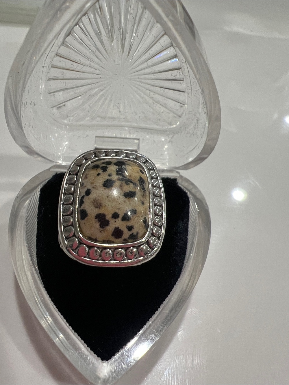 B#82-Dalmatian Jasper Statement Ring in Beige and Black - Sterling Look Setting